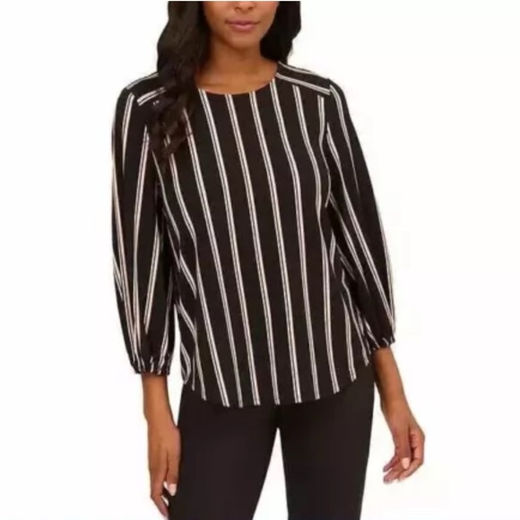 ADRIANNA PAPELL Printed 3/4 Sleeve Blouse Black Tan & White Stripes Lines Small - Picture 1 of 7